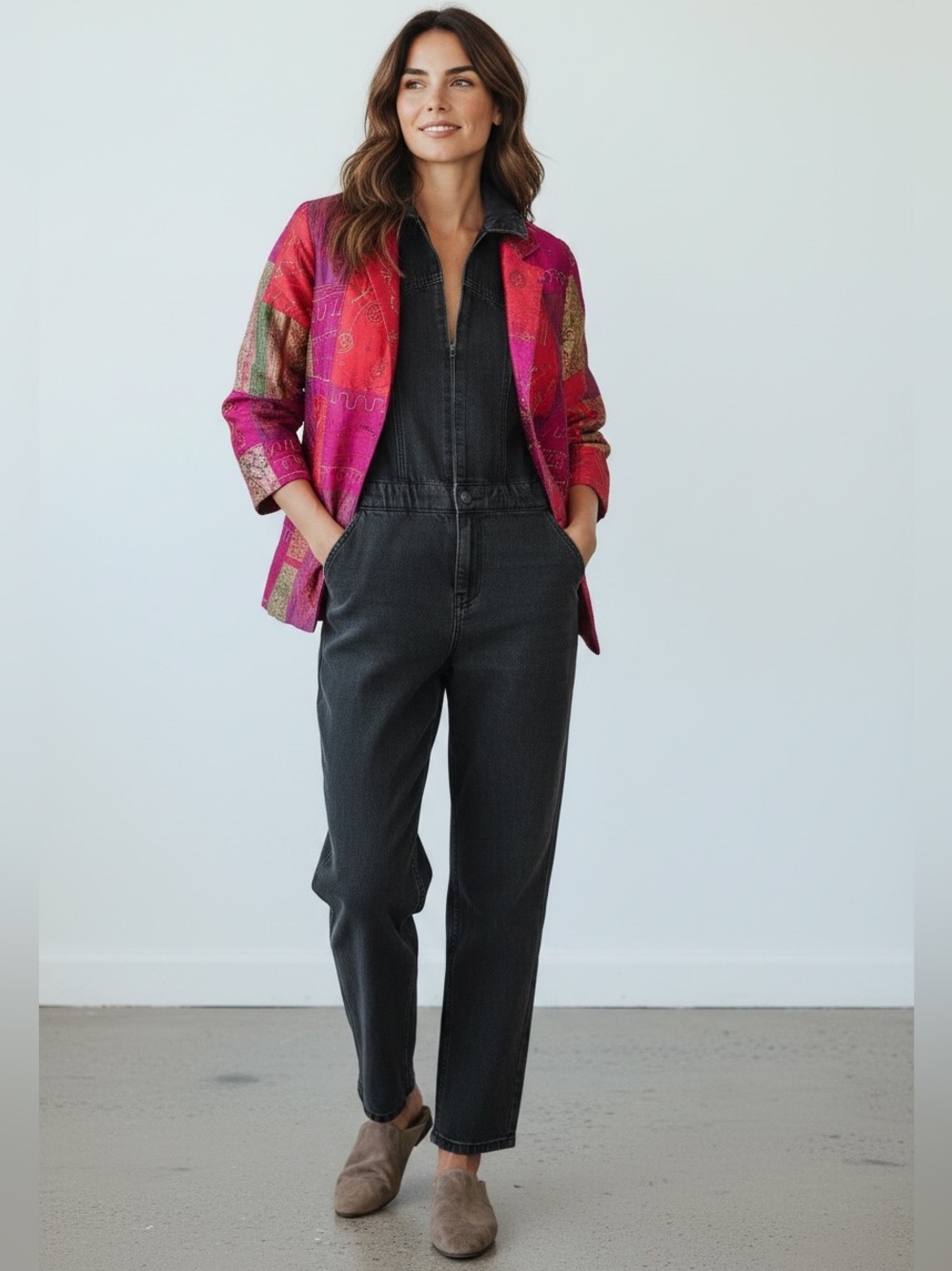 Vtg Chico’s Patchwork Silk Blend Woodbury Jacket Pink Fuchsia Red Size 2 L [14]